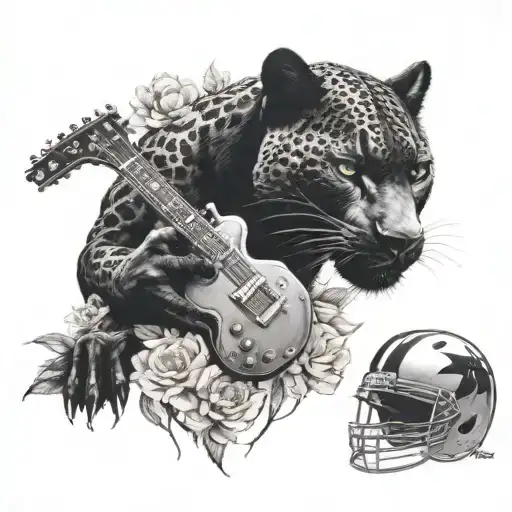 surrounded by dandelions there is a black panther animal playing a guitar with a football helmet  tattoo design idea