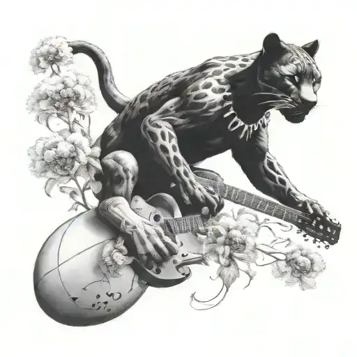 surrounded by dandelions there is a black panther animal playing a guitar with a football helmet  tattoo design idea