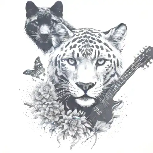 dandelions, wolf, black panther, guitar tattoo design idea