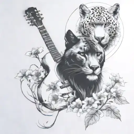 dandelions, wolf, black panther, guitar tattoo design idea