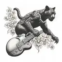 surrounded by dandelions there is a black panther animal playing a guitar with a football helmet  tattoo design idea