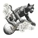 surrounded by dandelions there is a black panther animal playing a guitar with a football helmet  tattoo design idea