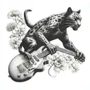 surrounded by dandelions there is a black panther animal playing a guitar with a football helmet  tattoo design idea