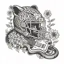 surrounded by dandelions there is a panther playing a guitar with a football helmet  tattoo design idea