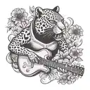 surrounded by dandelions there is a panther playing a guitar with a football helmet  tattoo design idea