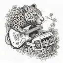 surrounded by dandelions there is a panther playing a guitar with a football helmet  tattoo design idea