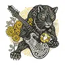 surrounded by dandelions there is a black panther playing a football shape  guitar tattoo design idea