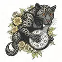 surrounded by dandelions there is a black panther playing a football shape  guitar tattoo design idea