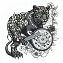 surrounded by dandelions there is a black panther playing a football shape  guitar tattoo design idea