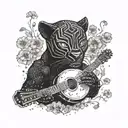 surrounded by dandelions there is a black panther playing a guitar and holding a football helmet. tattoo design idea