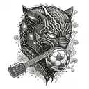 surrounded by dandelions there is a black panther playing a guitar and holding a football helmet. tattoo design idea