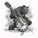 surrounded by dandelions there is a black panther playing a guitar and holding a football helmet. tattoo design idea