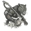 surrounded by dandelions there is a black panther playing a guitar and holding a football helmet. tattoo design idea