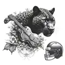 surrounded by dandelions there is a black panther animal playing a guitar with a football helmet  tattoo design idea