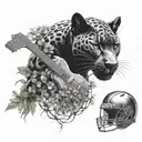 surrounded by dandelions there is a black panther animal playing a guitar with a football helmet  tattoo design idea