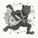 surrounded by dandelions there is a black panther playing a guitar and holding a football helmet. tattoo design idea