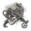 surrounded by dandelions there is a black panther playing a guitar and holding a football helmet. tattoo design idea