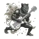 surrounded by dandelions there is a black panther playing a guitar and holding a football helmet. tattoo design idea
