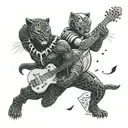 surrounded by dandelions there is a black panther playing a guitar and holding a football helmet. tattoo design idea