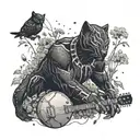 surrounded by dandelions there is a black panther playing a guitar and holding a football helmet. tattoo design idea