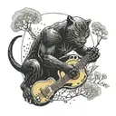 surrounded by dandelions there is a black panther playing a guitar and holding a football helmet. tattoo design idea