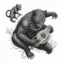 surrounded by dandelions there is a black panther playing a guitar and holding a football helmet. tattoo design idea