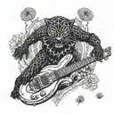surrounded by dandelions there is a black panther playing a guitar and holding a football helmet. tattoo design idea