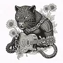 surrounded by dandelions there is a black panther playing a guitar and holding a football helmet. tattoo design idea