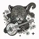 surrounded by dandelions there is a black panther playing a guitar and holding a football helmet. tattoo design idea
