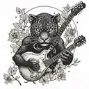 surrounded by dandelions there is a black panther playing a guitar and holding a football helmet. tattoo design idea