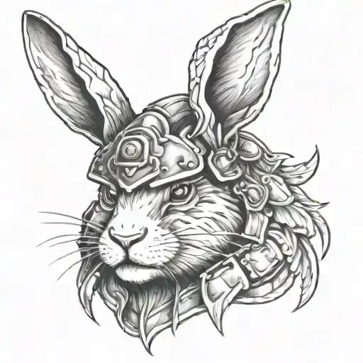 angry rabbit with armor on his head surrounded tattoo design idea