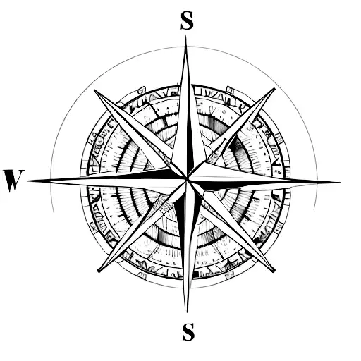 A compass rose intertwined with a mountain range and a hiking trail tattoo design idea
