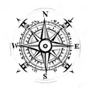 A compass rose intertwined with a mountain range and a hiking trail tattoo design idea