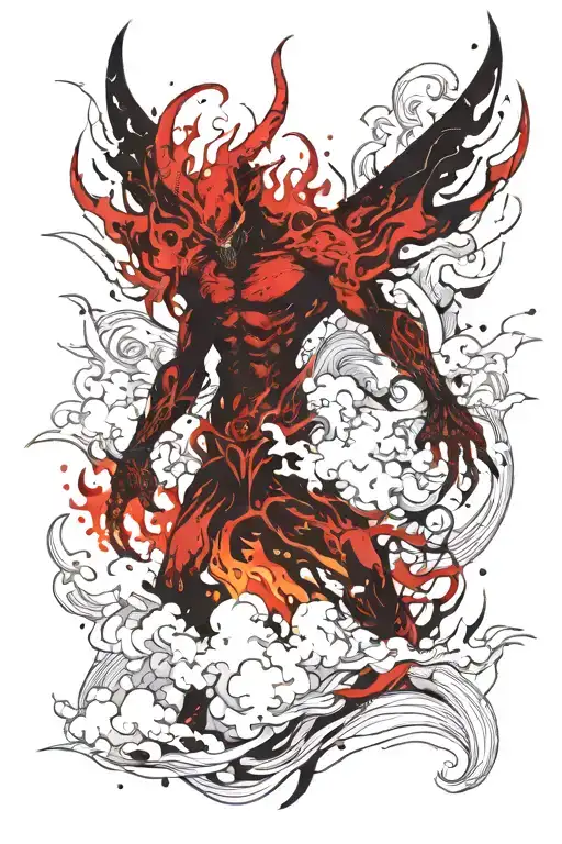 demon in fire and clouds  tattoo design idea
