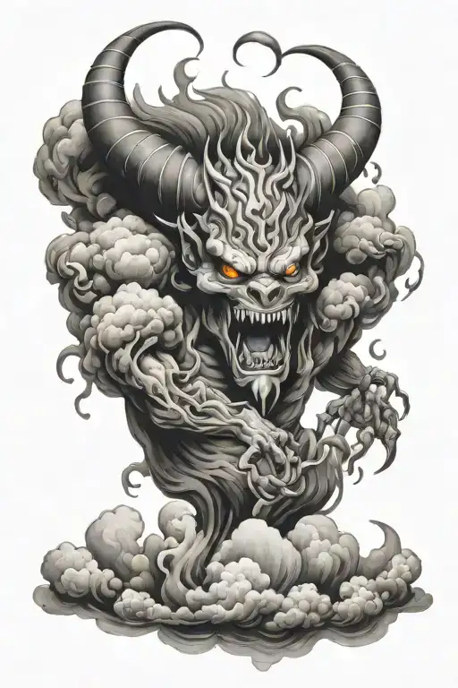 demon in fire and clouds  tattoo design idea