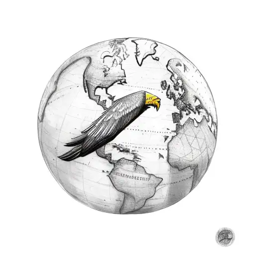A sketch-style tattoo of a majestic eagle soaring over a world map with camera lenses as its eyes tattoo design idea