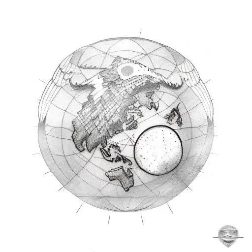 A sketch-style tattoo of a majestic eagle soaring over a world map with camera lenses as its eyes tattoo design idea