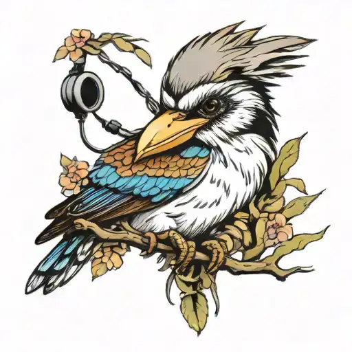 kookaburra wearing headphones tattoo design idea