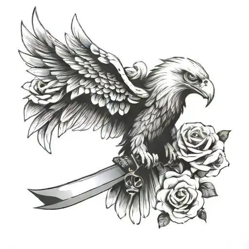 eagle with khanda sword tatto with roses tattoo design idea
