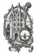 midevil castle with hour glass window design tattoo design idea