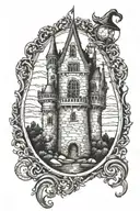 midevil castle with hour glass window design tattoo design idea