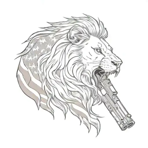 A lion roaring in front of an American flag with a gun in its mouth tattoo design idea