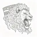 A lion roaring in front of an American flag with a gun in its mouth tattoo design idea