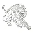 A lion roaring in front of an American flag with a gun in its mouth tattoo design idea