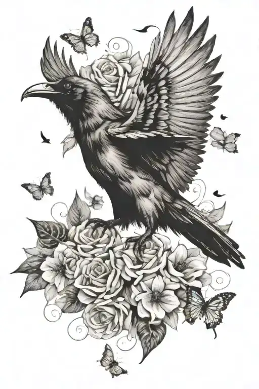 a crow chasing butterflies flying tattoo design idea