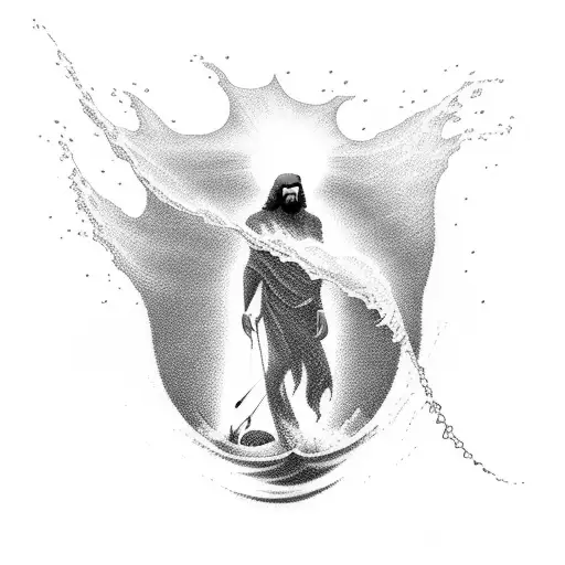 A silhouette of Jesus walking on water with waves crashing around him tattoo design idea