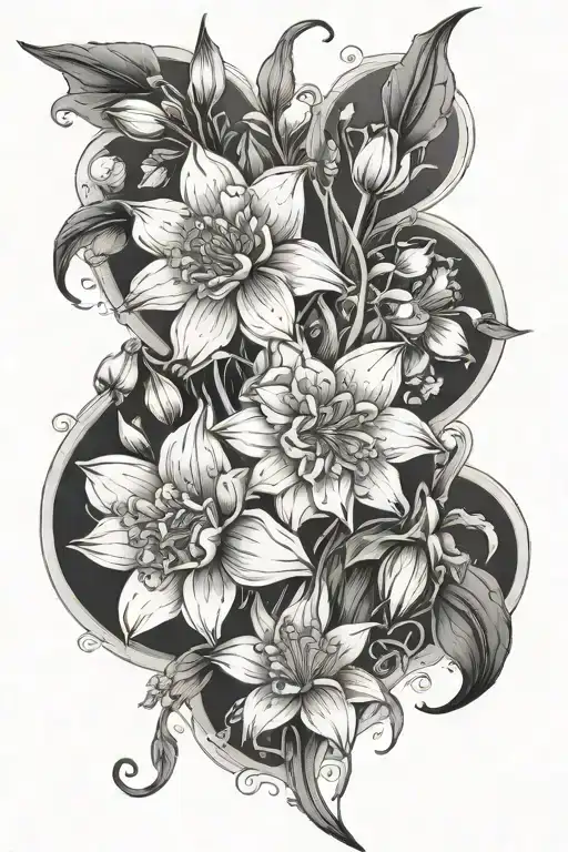 a full sleeve Daffodil , Daisy , Lily of the valley , Rose ,Cosmos , Narcissus tattoo design idea