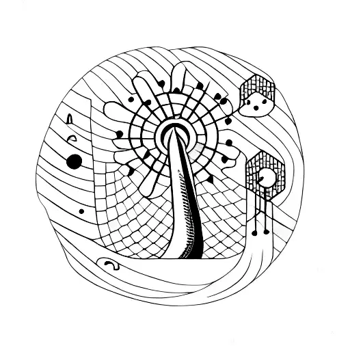 A blackwork tattoo of a pop music note surrounded by a forest and ocean scenery tattoo design idea