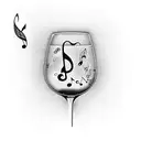 A dotwork tattoo of a wine glass with musical notes floating out of it tattoo design idea