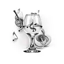 A dotwork tattoo of a wine glass with musical notes floating out of it tattoo design idea